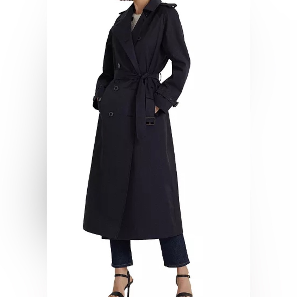 LAUREN RALPH LAUREN Women's Belted Maxi Trench Coat Dark Navy Blue Size 16